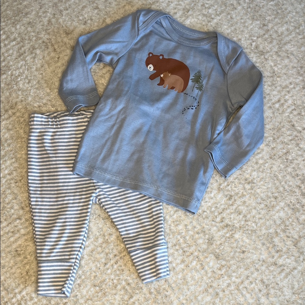 Blue Bear Print Kids Pajama Set - Long Sleeve Top & Striped Pants